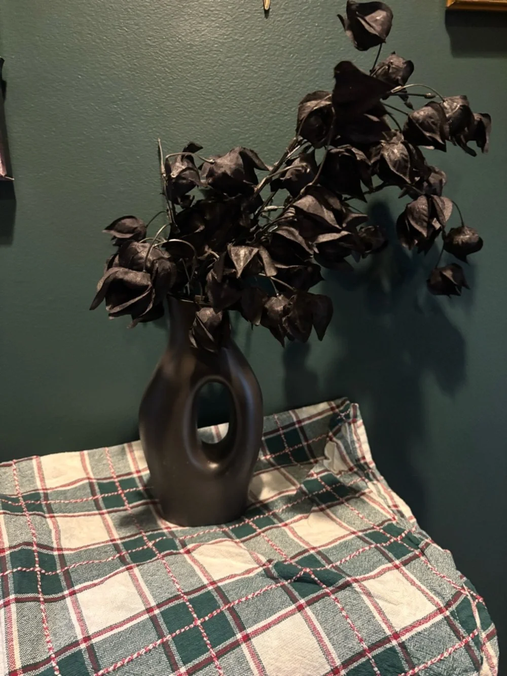 Matte Black Modern Gothic Ceramic Vase with Decorative Black Foliage